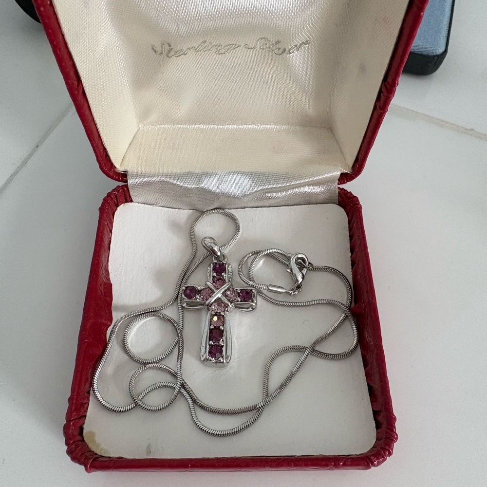Sterling Silver Cross Pendant with Red Stones